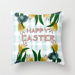 Happy Easter Floral Wreath with Daffodils, Mushrooms, and Ladybugs on Plaid | blue, yellow Throw Pillow