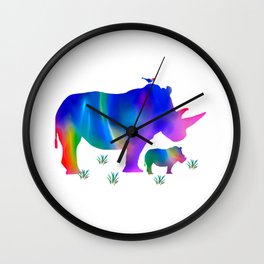 Rainbow Rhino mom and baby Wall Clock