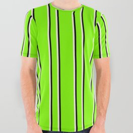 [ Thumbnail: Chartreuse, Beige, and Black Colored Lined Pattern All Over Graphic Tee ]