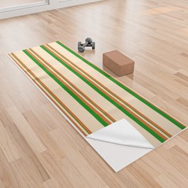 [ Thumbnail: Bisque, Chocolate, and Green Colored Striped Pattern Yoga Towel ]