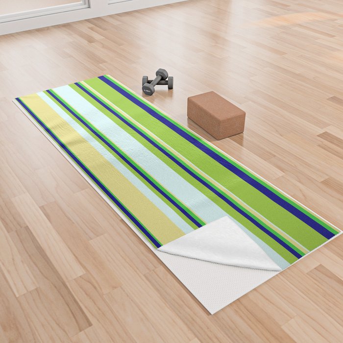 Vibrant Green, Light Cyan, Tan, Lime Green & Blue Colored Stripes/Lines Pattern Yoga Towel
