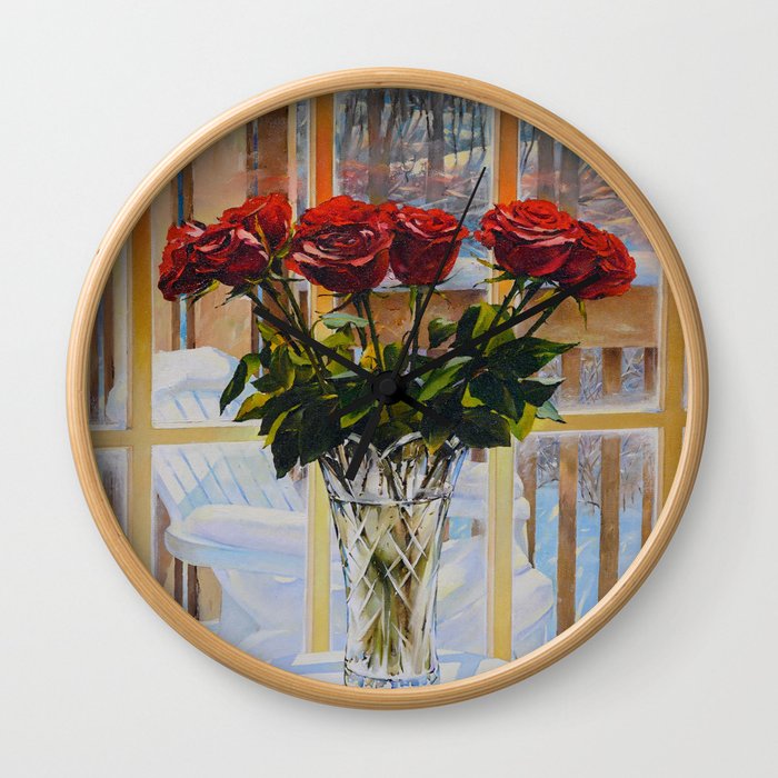 Red Roses in a Crystal vase Wall Clock