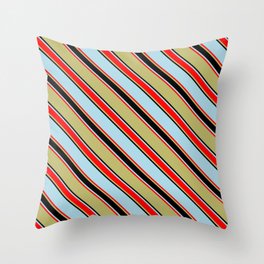 [ Thumbnail: Dark Khaki, Black, Light Blue & Red Colored Pattern of Stripes Throw Pillow ]