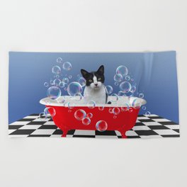 Black & white Cat red Bathtub - Soap Bubbles Beach Towel