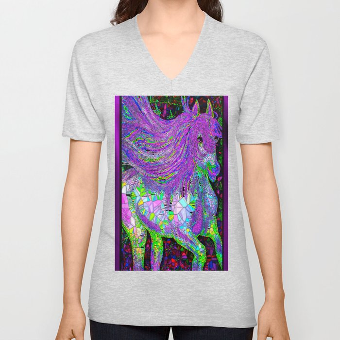 Horse Stained glass Purple V Neck T Shirt