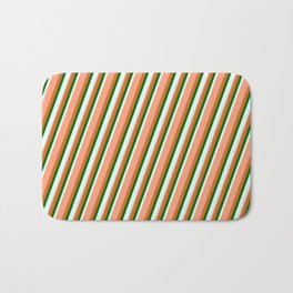 [ Thumbnail: Chocolate, Dark Green, Light Cyan & Light Salmon Colored Lined/Striped Pattern Bath Mat ]