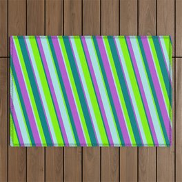 [ Thumbnail: Orchid, Teal, Chartreuse, and Turquoise Colored Lined Pattern Outdoor Rug ]