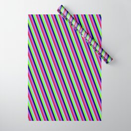 [ Thumbnail: Eye-catching Orchid, Crimson, Light Sky Blue, Chartreuse, and Dark Blue Colored Lined Pattern Wrapping Paper ]