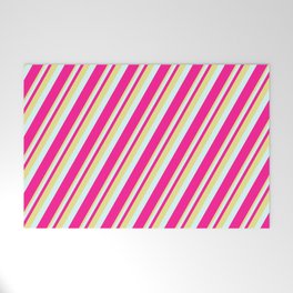 [ Thumbnail: Tan, Light Cyan & Deep Pink Colored Striped Pattern Welcome Mat ]