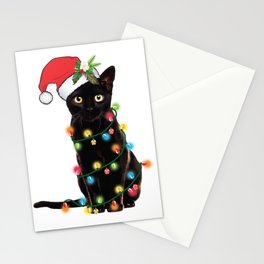 Santa Black Cat Tangled Up In Lights Christmas Santa Graphic Stationery Card