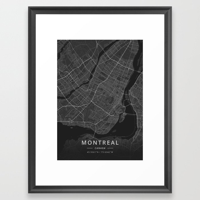 Montreal, Canada - Dark Map Framed Art Print