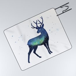 Galaxy Reindeer Silhouette with Northern Lights Picnic Blanket