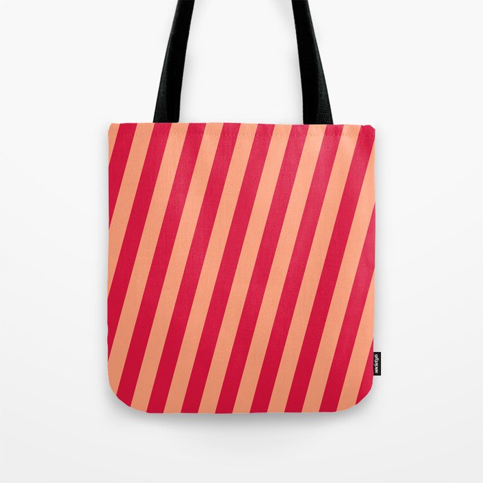 Crimson and Light Salmon Colored Lines Pattern Tote Bag