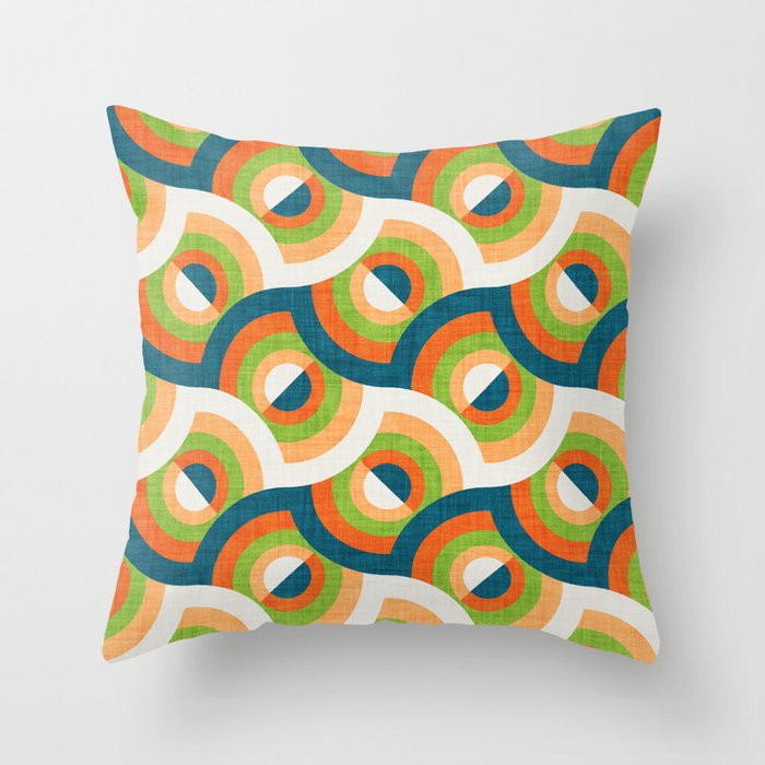Here comes the sun // blue lagoon orange and limerick green 70s inspirational groovy geometric suns Throw Pillow