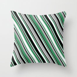[ Thumbnail: Dark Gray, Sea Green, Mint Cream, and Black Colored Stripes/Lines Pattern Throw Pillow ]