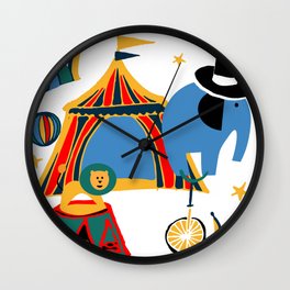 Circus Fun white Wall Clock | Circusanimals, Lion, Digital, Red, Illustration, White, Bruxamagica, Elephant, Graphicdesign, Animal 