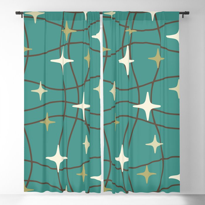 Mid Century Modern Cosmic Star Pattern, Teal Brown And Beige Curtains