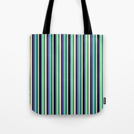 [ Thumbnail: Eye-catching Slate Blue, Black, Tan, Teal & Light Green Colored Stripes/Lines Pattern Tote Bag ]