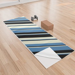 [ Thumbnail: Beige, Blue & Black Colored Pattern of Stripes Yoga Towel ]