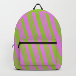 [ Thumbnail: Violet and Green Colored Striped Pattern Backpack ]