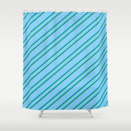 [ Thumbnail: Light Sky Blue, Deep Sky Blue, and Forest Green Colored Striped Pattern Shower Curtain ]