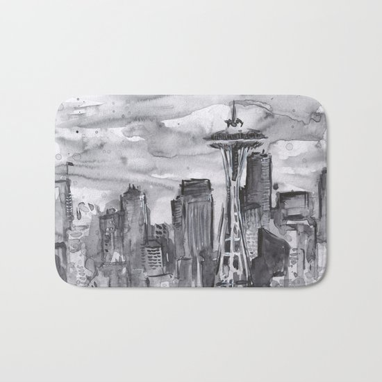 Seattle Skyline Watercolor Space Needle Washington PNW Bath Mat