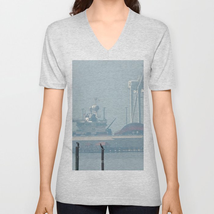 Loons on Posts, Pier and Looming Ship Marina in Background V Neck T Shirt