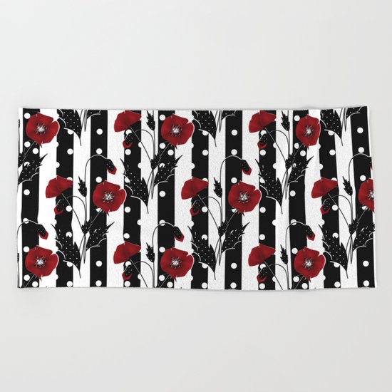 Retro. Red poppies on a black and white striped background. Beach Towel