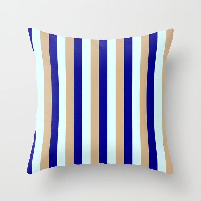 Tan, Dark Blue & Light Cyan Colored Lines Pattern Throw Pillow