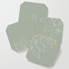 Boho Sage Green, Decor, Line Art, Botanical Leaves Coaster