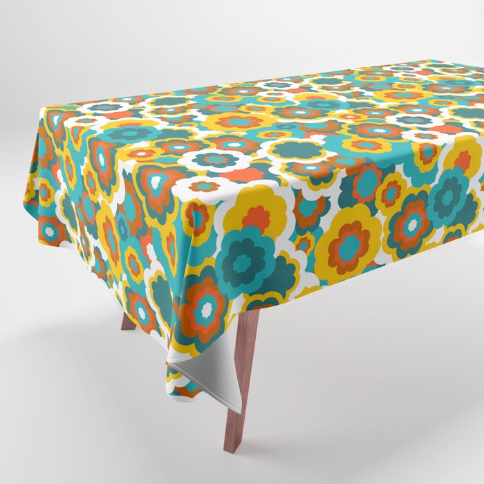 Retro 70s Bold Large-Scale Flowers with Teal, Orange and Yellow Tablecloth