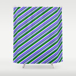 [ Thumbnail: Lavender, Medium Slate Blue & Green Colored Lines Pattern Shower Curtain ]