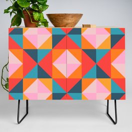 GEOMETRIC SQUARE CHECKERBOARD TILES in SOUTHWESTERN DESERT COLORS CORAL ORANGE PINK TEAL BLUE Credenza