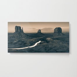 Driving Through Monument Valley at Dusk - Sepia Panorama Metal Print | Photo, Monumentmittens, Duskphotography, Westernlandscape, Arizonaphotography, Utahlandscape, Arizonalandscape, Utahphotography, Sceniclandscape, Panoramicprint 
