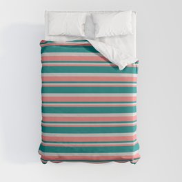 [ Thumbnail: Light Coral, Teal, and Light Grey Colored Lined/Striped Pattern Duvet Cover ]