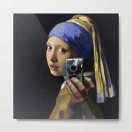 The Girl With The Pearl Earring Taking a Selfie portrait painting by Jan Vermeer & Mitchell Grafton Metal Print