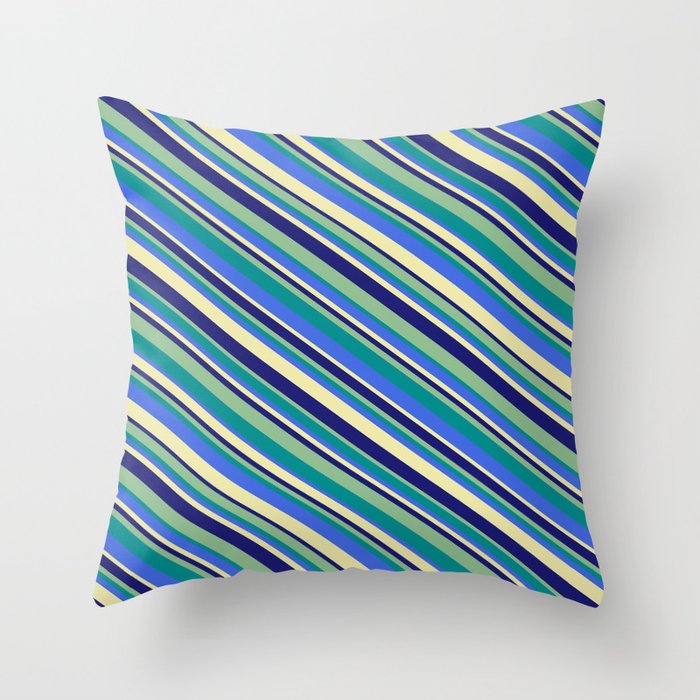 Dark Sea Green, Dark Cyan, Royal Blue, Pale Goldenrod, and Midnight Blue Colored Stripes Pattern Throw Pillow