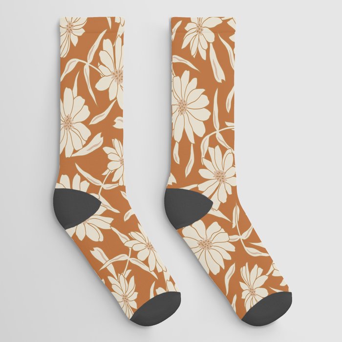 cream flowers on burnt orange Socks