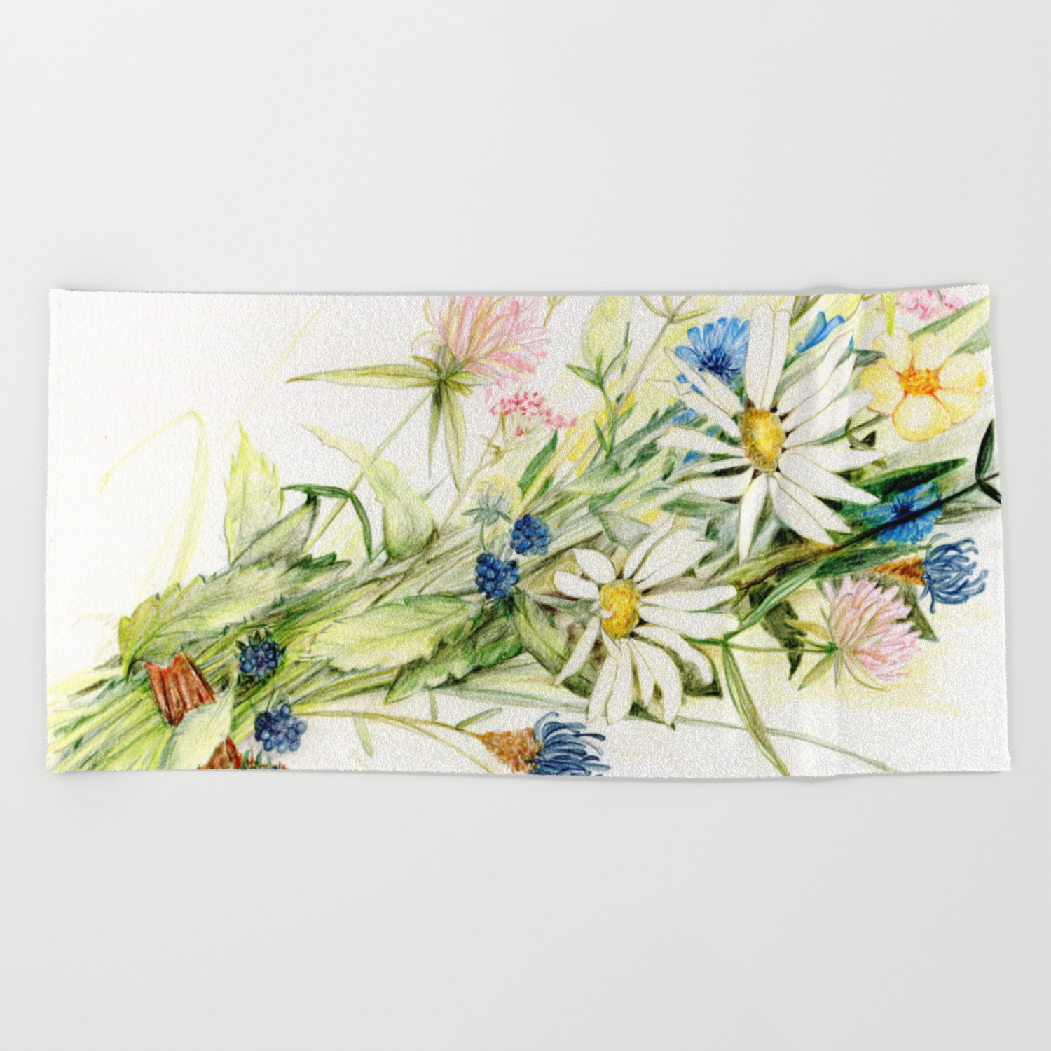Bouquet Of Wildflowers Original Colored Pencil Drawing Beach Towel
