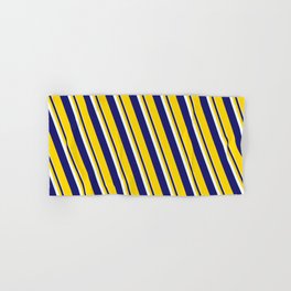 [ Thumbnail: Mint Cream, Midnight Blue & Yellow Colored Lines/Stripes Pattern Hand & Bath Towel ]