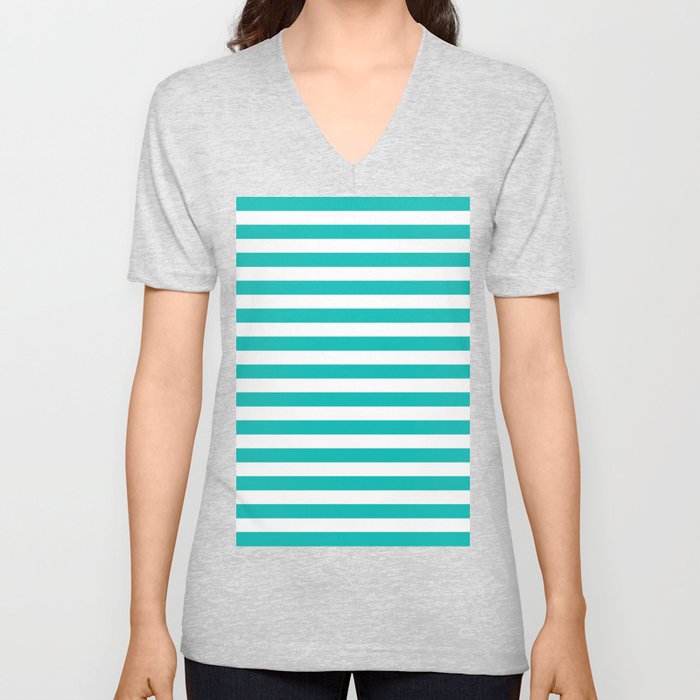 Horizontal Stripes (Eggshell Blue/White) V Neck T Shirt