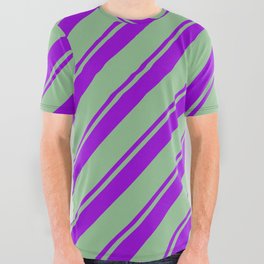 [ Thumbnail: Dark Violet and Dark Sea Green Colored Lines Pattern All Over Graphic Tee ]