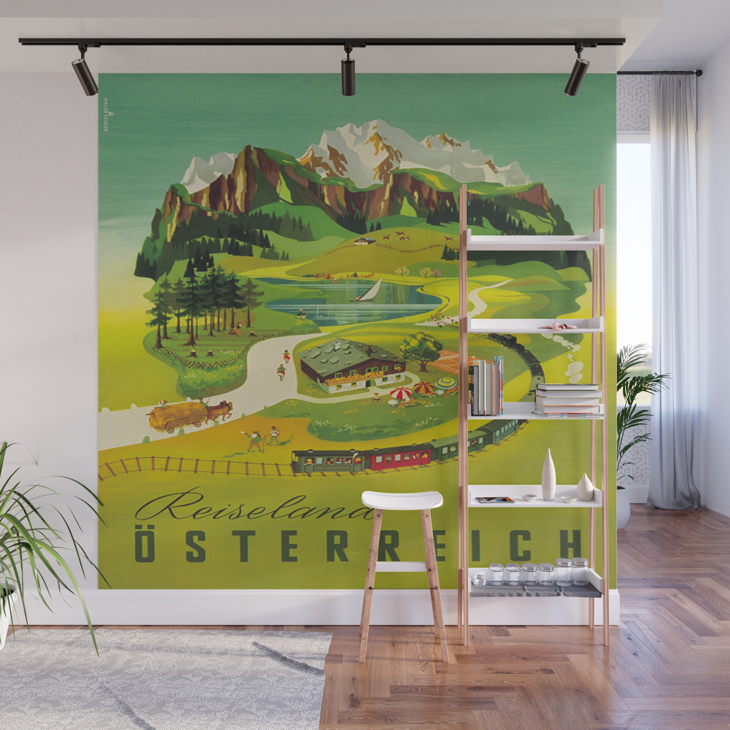 Austria Vintage Mid Century Modern Travel Poster Beautiful Green Mountain Landscape Diagram Wall Mural By Enshape Society6