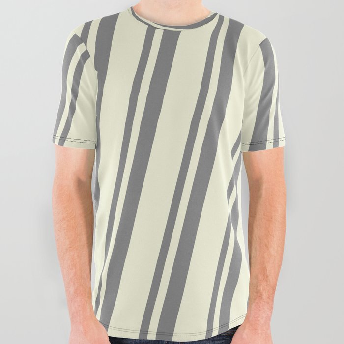 Gray & Beige Colored Lines/Stripes Pattern All Over Graphic Tee