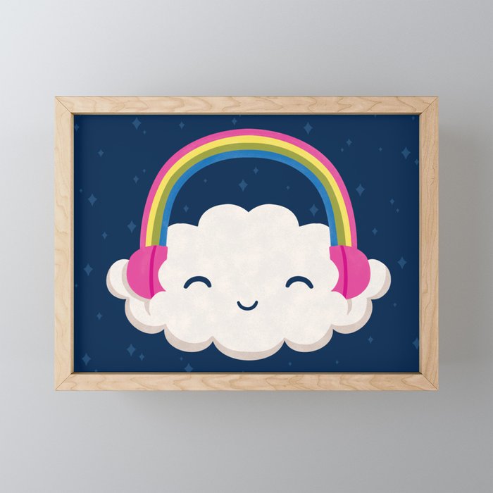 Happy Cloud Headphones  Framed Mini Art Print