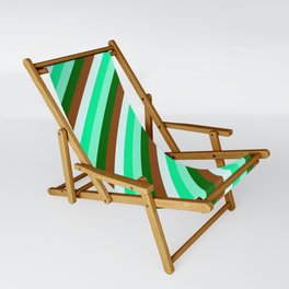 [ Thumbnail: Eyecatching Green, Aquamarine, Dark Green, Brown & Light Cyan Colored Stripes/Lines Pattern Sling Chair ]