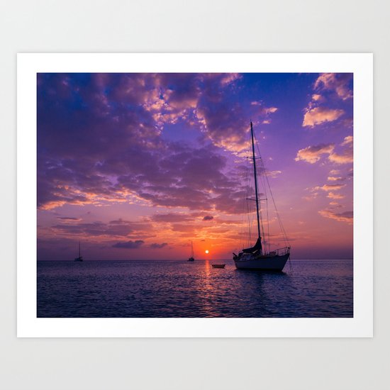 Sailboats at sunset in Roatan Art Print