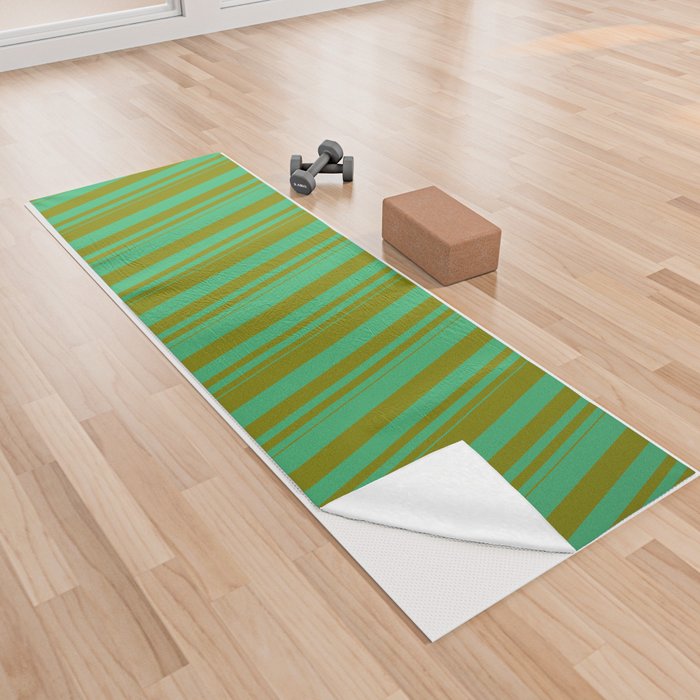 Sea Green & Green Colored Striped/Lined Pattern Yoga Towel