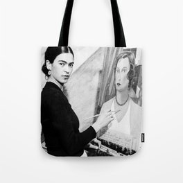 Frida Painting at Easel, Black and White Vintage Photograph Tote Bag