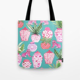 Pink Chinese ginger jars on teal with calathea plants and palms Tote Bag